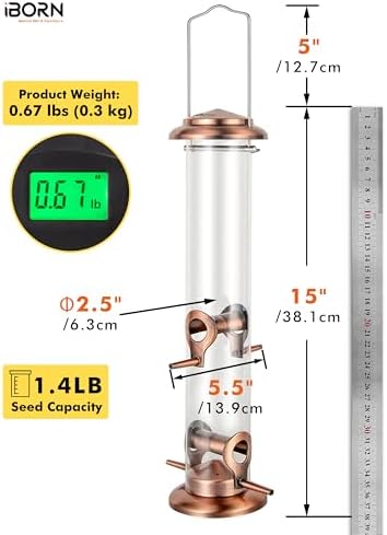 Bird Feeders for Outdoors 15" 4 Ports Chew-Resistant, Copper-Plating, 1PK | Metal, Durable Outdoors, Flip-top Easy Refill & Clean, Mixed Seeds
