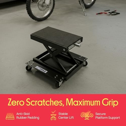 Pyle Motorcycle Lift, Scissor Jack, Dolly, Heavy Duty Steel, 1100 lbs Capacity, Black Powder Coat, Anti-Skid Rubber, Collapsible, Portable