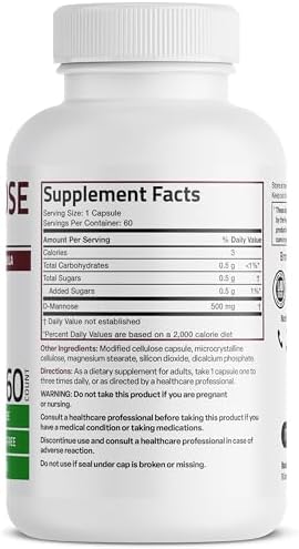 Bronson D-Mannose 500 MG Vegetarian Friendly Formula Non-GMO, 60 Capsules