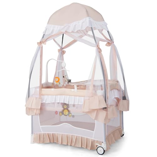 HONEY JOY 4-in-1 Pack and Play with Canopy, Portable Baby Playard w/Changing Table and Infant Bassinet Cute Toys & Music