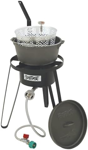 Bayou Classic B159 Cast Iron Fish Cooker Features 8-qt Cast Iron Dutch Oven w/Lid and 5-in Stainless Thermometer 19-in Tall Cooker Perfect For Slow