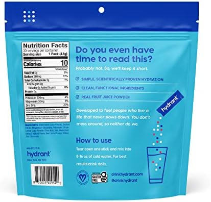 Hydrant Hydrate No Added Sugar, Individual Hydration Electrolyte Powder Stick Packets with Zero Sugar and Electrolytes for Rapid Hydration (Lemonade
