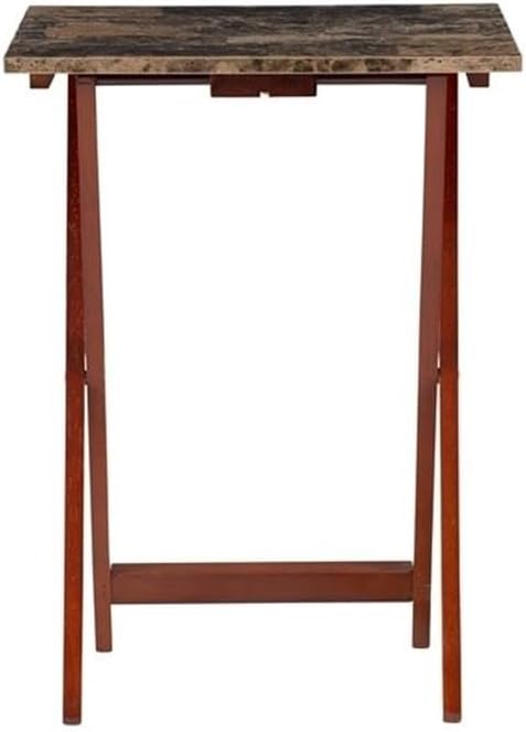 Riverbay Furniture 5 Piece TV Tray Table Set, Faux Marble Tops, Rubberwood and MDF, Brown Finish, Includes 4 Folding Tray Tables and 1 Storage Stand, Compact Design for Living Room or Home Use