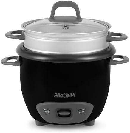 AROMA® Rice Cooker, 3-Cup (Uncooked) / 6-Cup (Cooked), Steamer, Small Rice Cooker, Oatmeal Cooker, Soup Maker, Auto Keep Warm, 1.5 Qt, White, ARC-743-1NG