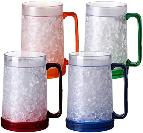 Double Wall Gel Frosty Freezer Ice Mugs Clear 16oz Set of 4 (Blue, Red, Orange and Green)