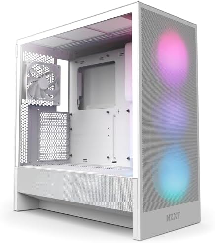 NZXT H5 Flow RGB - Compact ATX Mid-Tower PC Case - White | Compact mid-tower with included F360 RGB Core fans, 360mm radiator support, tempered glass. CAM-ready RGB out of the box.