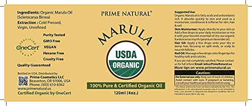 PRIME NATURAL Organic Marula Oil, Pure, Cold Pressed, USDA Certified - 4oz