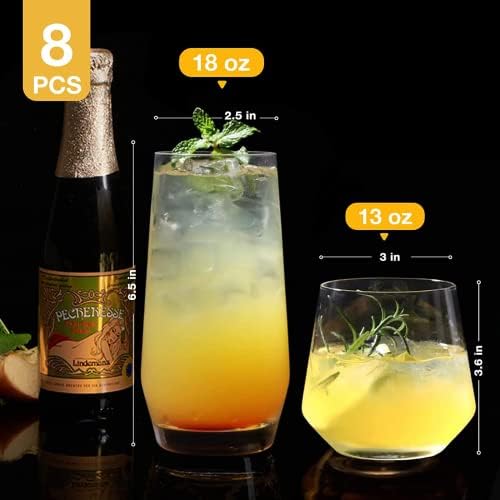 Mfacoy Drinking Glasses Set of 8-4 Tall Glass Cups 18 oz & 4 Short Stemless Wine Glasses 13 oz, Highball Glasses, Glassware Sets for Cocktail, Beer