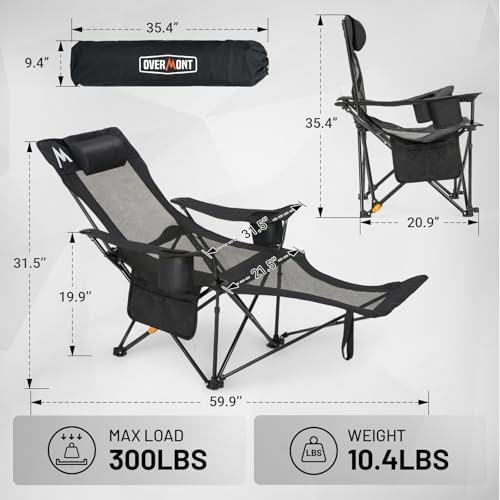 Overmont Reclining Camping Chair with Footrest - 4-Position Adjustable Backrest Lightweight Folding Lounge Chair for Adults with Pillow Carry Bag