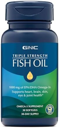 GNC Triple Strength Fish Oil Omega 3 Supplement, 1000mg EPA and DHA, Supports Heart, Brain, Skin, Eye and Joint Health, 60 Softgels