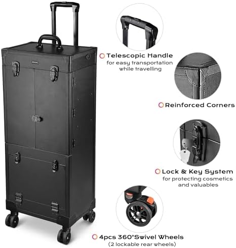 BYOOTIQUE Rolling Makeup Case with Lighted Mirror Hairstylist Station | Salonwith 2 Drawer,4 Trays,Hair Dry Holder,Professional Hairdressing Case,Beauty Salon Cart,Portable Vanity,Mobile