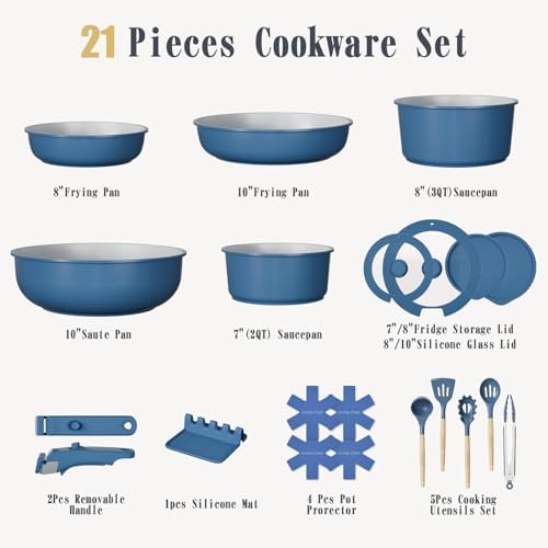 Umite Chef Non Stick Pots and Pans Set, 21 Pcs Ceramic Kitchen Cookware Set with Detachable Handle, Nonstick Healthy Induction Cookware, Dishwasher RV Cookware Set, Oven Safe, Stackable, Sage Green