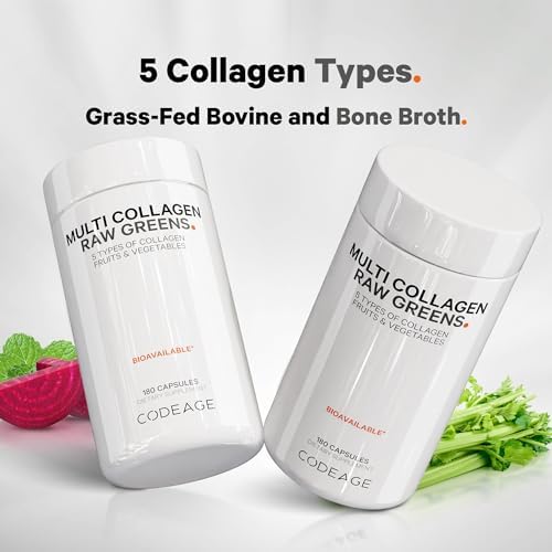 Codeage Multi Collagen Protein + Organic Raw Greens Superfood Capsules Supplement, 21 Fruits & Veggies, Grass-Fed Hydrolyzed Collagen Peptides