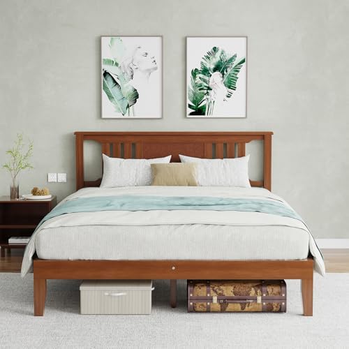 Solid Wood Bed Frame, Queen Size Platform Bed Frame with Headboard, Sturdy Wood Slat Support, Heavy Duty, No Box Spring Needed, Noise-Free, Easy Assembly