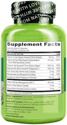 NATURELO Calcium Supplement with Vitamin C, D3, K2, 120 Vegetarian Capsules | Magnesium & Zinc for Bone Strength,Plant-Based Calcium 600mg , Non-GMO, Soy & Gluten-Free