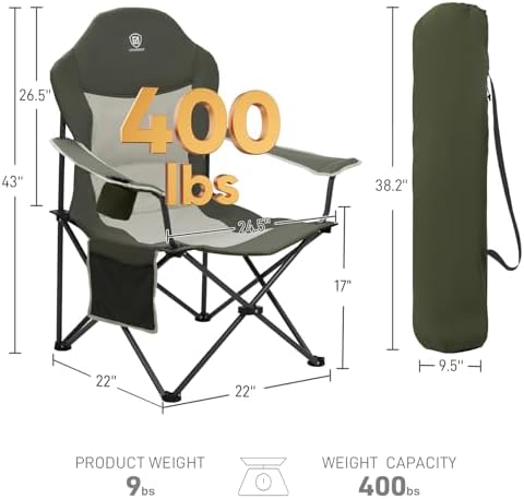 EVER ADVANCED High Back Folding Camping Chair Oversized and Fully Padded, Portable Quad Camp Lawn Chair Up to 400 lbs, with Cup Holder Armrest Carrying Bag