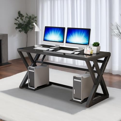 BINGTOO Glass Top Computer Desk with Metal Frame - Modern Simple Workstation for Home Office, Gaming, Writing, Study & Work, Black