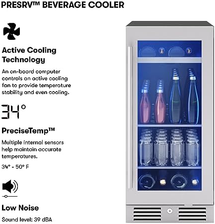 Zephyr Presrv 15 Inch Slim Wine Fridge Beverage Refrigerator Under Counter