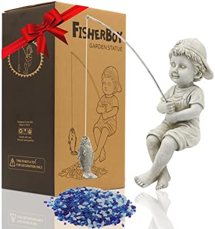 Goodeco Fisherboy Statue Garden Decor - 11" Little Fishing Guy for Koi Pond or Waterfalls, Poolside Statue with Glow in Dark Pebbles Included