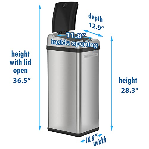 iTouchless Touchless Trash Can with AC Adapter, 3 Odor Filters Big Lid Opening Sensor Kitchen Garbage Bin, 13 Gallon, Stainless Steel, Platinum