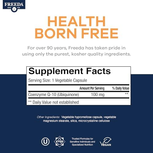 FREEDA CoQ10 100mg - Kosher Coenzyme Q10 Dietary Supplement for Cardiovascular Heart Health, Blood Pressure Support, Oral Gum Health