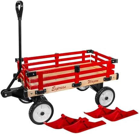Millside Convertible Wood Wagon Cart with 4 Flat-Free Tires and Sleigh Runners for Outdoor Hauling Through Snow, Red, 16" x 34"