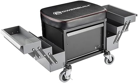 Powerbuilt 42-Inch Triplex Folding Creeper, Rolling Seat, and Brake Stool, All-in-One Adjustable Roller Garage Chair, Lay Down or Sit, Black 620469