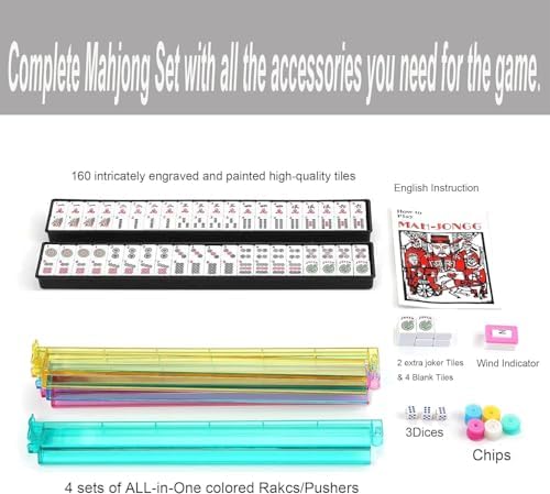 American Mahjong Game Set - Black Quilted Soft Bag 166 Premium Tiles with 4 All-in-One Rack/Pushers,100 Chips, Wind Indicator, English Manual. Easy Carry Complete Classic Mah-Jongg Set