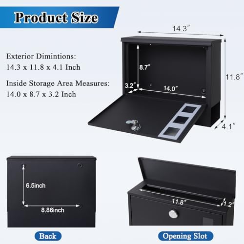 Locking Mailbox Wall Mount for Outside– Jssmst Mailboxes with Key Lock for Front Door Fence, Large Capacity Letter Box, 14.3 x 4.1 x 11.8 Inch, Black, SM-HPB911BN