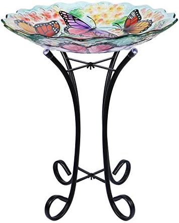 VCUTEKA Glass Bird Bath Outdoor with Metal Stand, Bird Feeder Garden Decor