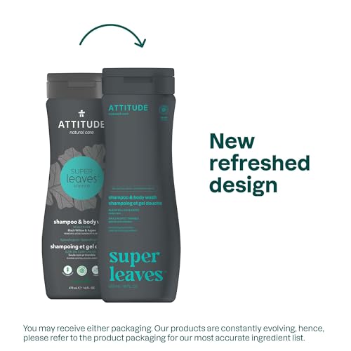 ATTITUDE 2-in-1 Body Wash & Shampoo for Men & Women, EWG Verified, Vegan, Natural Ingredients, Dermatologist-Tested, Ginseng and Grapeseed Oil, 16 Fl Oz