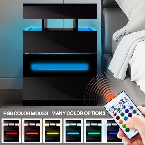 Night Stand with Gun Drawer, Modern Nightstand with Led Lights and Hidden Compartment
