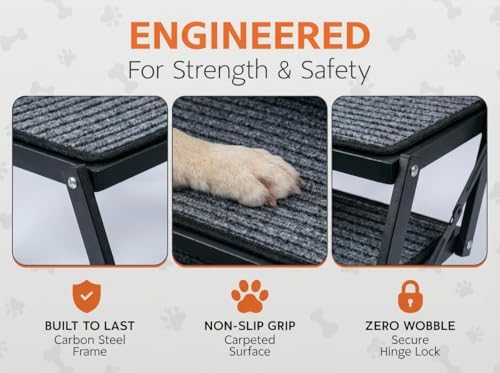Foldable Dog Stairs for Cars Trucks & SUVs - Heavy-Duty Carbon Steel Pet Ladder Supports 230LB - Non-Slip Metal Mesh Joint-Friendly Portable Ramp for Large Dogs - 5 Step Pet Stairs w/Mat