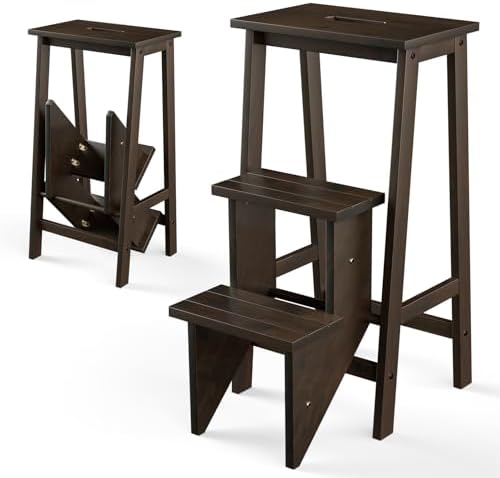 Costzon Folding 3 Step Stool, 3 in 1 Wooden Step Ladder with Handle, Non-Slip Pedal, Multifunctional Storage Shelf, Flower Rack for Kitchen, Library, Garage, Foldable Step Stool for Adults Kids