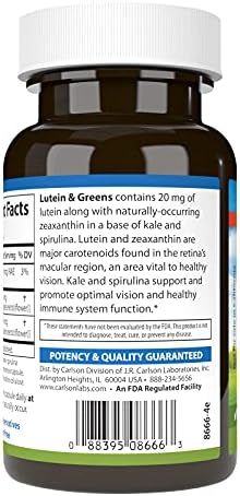 Carlson Lutein & Greens, 20 mg, Vision Support, 60 Vegetarian Capsules | Made with Lutemax 2020; Blue Light Protection; Eye Function