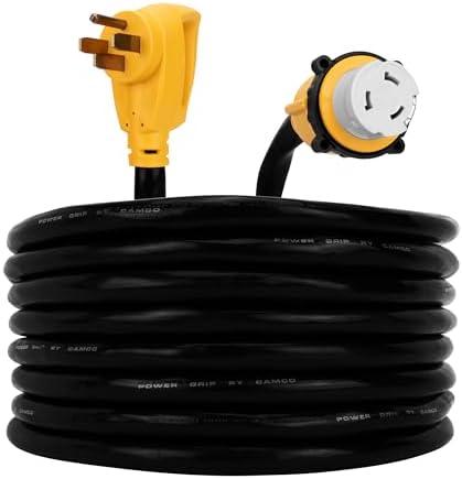 Camco Power Grip 25-Ft 50 Amp RV Extension Cord - NEMA 14-50P Male & FSS2-50R Locking Female Connectors - Rated for 125/250 V/12,500 W - Features Copper 6/3 + 8/1-Gauge Wires for Conductivity (55542)