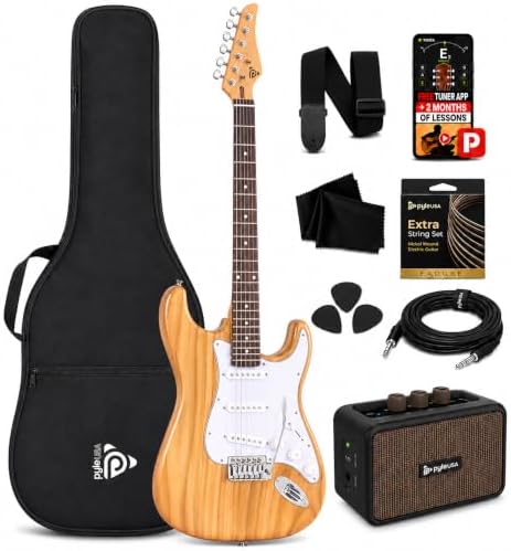 Pyle Electric Guitar and Amp Kit - Full Size 39" Complete Starter Kit with Wearable Bluetooth Amplifier, 1/4” Cable, Carry Case, Strap, Strings, Picks, Cleaning Cloth, ST-Style Pickups (Black)
