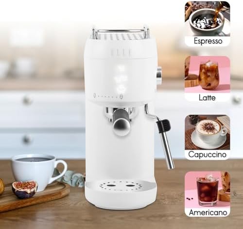 ELLE 1L Espresso Maker Latte and Cappuccino Maker with 20 Bar Pump Pressure and Illuminated Touch Button with Milk Frothing System and Cup Warmer 1400W White
