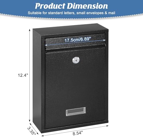 KYODOLED Mailbox for Outside, Wall Mount Locking Mailbox, Security Drop Box with Key Lock for Letters, Cash, Cards, Steel Mail Box for House Office School, 12.4H x 8.54L x 3.35W Inches, Black