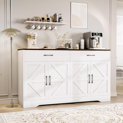 Sideboard Buffet Cabinet with Storage, 55.1" Large Kitchen Storage Sideboard with Drawers & Doors, Modern Wood Farmhouse Coffee Bar Cabinet