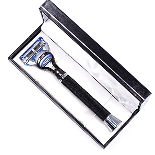 Parker Fusion Compatible Razor, Black Textured 6-Inch Long Handle | Heavyweight 6-Inch Textured Handle