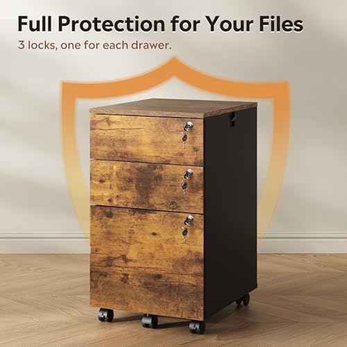 DEVAISE 3 Drawer File Cabinet with Individual Locks, Rustic Brown | Wood Filing Cabinet for Home Office, Mobile Printer Stand with Wheels