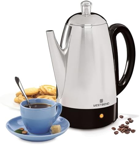 West Bend Electric Percolator Classic Style Coffee Maker with Heat Resistant Handle Base and Detachable Cord with Stainless Steel Stem and Basket