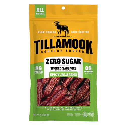 Tillamook Country Smoker Zero Sugar Spicy Jalapeno Smoked Sausages, 10 Oz, 9g Protein, Real Hardwood Slow Smoked High Protein, Low Carb Meat Sticks