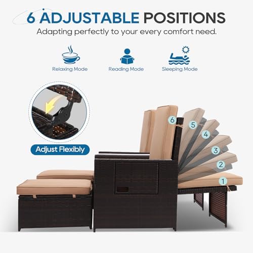 5PCS Outdoor Wicker Chaise Lounge Chair - Rattan Adjustable Reclining Patio Lounge Chair with Ottoman and Coffee Table