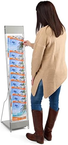 Displays2go Portable Magazine Rack, Black, 54" h Floor-standing | 10 Pockets for 8.5x11 Catalogs, Carry Bag Included, Tiered Design, Steel, NCYBRCHBLK