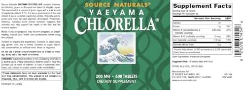 Source Naturals Yaeyama Chlorella, 200 mg, 600 Vegan Tablets | Green Superfood | Plant-Based B12*