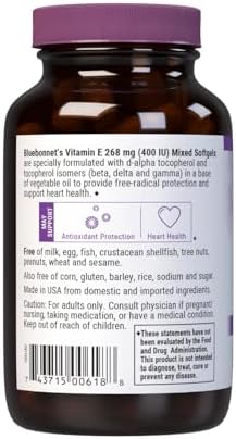 Bluebonnet Nutrition Vitamin E 400 IU (268 mg) Mixed Tocopherols Softgels, Free Radical Portection & Cardiovascular Support, Gluten-Free, Dairy-Free