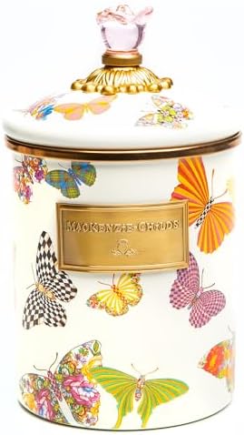 MACKENZIE-CHILDS Enamel Canister, Medium, White Butterfly Garden | Hand-applied design, made from enameled steel, versatile kitchen storage container for flour and sugar, 48-ounce capacity