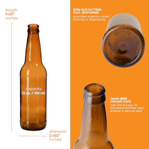 FastRack Amber Beer Bottles 12oz (Pack of 48) | Longneck Glass Beer Bottles with Pry-off Crown Finish for Home Brewing Mead